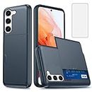 Asuwish Phone Case for Samsung Galaxy S23 5G with Tempered Glass Screen Protector and Credit Card Holder Wallet Cover Hard Hybrid Cell Accessories S 23 23S G5 Mobile Women Men NavyBlue