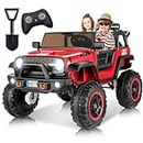 Hikole 2 Seater Ride on Car with Remote Control,24V Battery Powered Electric Truck for Kids,4x100W Powerful Engine,Spring Suspension,LED Headlights,Music Player,Ride on Toy for Big Kids, Red