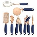 SKYTONE 7 Pices Kitchen Gadget Set Copper Coated Stainless Steel Utensils with Soft Touch Blue Handles Kitchen Tools (Blue, 7)