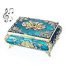 SUMNACON Metal Music Box Musical Jewelry Box Keepsake Box Case, Vintage Music Box Organizer Rose Embossed Musical Box for Christmas, Birthday, Valentines Day (Tune:You Are My Sunshine, Blue Gold)