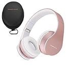 PowerLocus Wireless Bluetooth Over-Ear Stereo Foldable Headphones, Wired Headsets Rechargeable with Built-in Microphone for iPhone, Samsung, LG, iPad (Rose Gold)