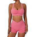 Workout Sets for Women 2 Piece Layered Cut Out Sport Bra and Warap V Waist Running Shorts Gym Yoga Clothes Tracksuit, 04 Pink, Small