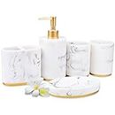 5-Piece Bathroom Counter Top Accessory Set - Dispenser for Liquid Soap or Lotion, Soap Dish, Toothbrush Holder and 2 Tumblers, Marble Imitated Resin (Classic White)