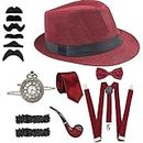 LUFEIS 20s Men's Accessories, 20s Costume Men's Gatsby 1920 Men's Gatsby Costume Accessory Set with Elastic Adjustable Braces Neck Bow Red Panama Hat Pocket Watch Cigar, red, black, One Size