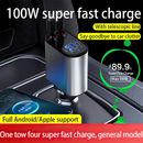 4in1 Retractable Car Charger with Fast USBC Cable 100W for iPhone Android