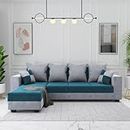 FURNITUSH Velvet Fabric Upholstered 5 Seater Sofa Set Furniture Wooden L-Shape Sofa for Living Room Home Office (Hippie Blue and Grey)