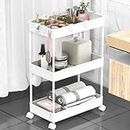 SPACEKEEPER Storage Trolley 3-Tier Rolling Utility Cart Slide Out Shelving Organization Shelf for Laundry Bathroom Kitchen with Small Containers & Hooks White