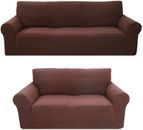 Home 2pc Brushed Slip Covers Set for Sofa Loveseat Couch Stretch Brown Color.