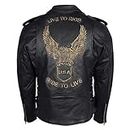 Men's Eagle Embossed Live To Ride - Ride To Live Classic Black Leather Motorcycle Biker Jacket (3XLarge, Gold)