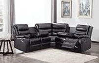 Recliner Black Bonded Leather Sofa - Modern 2C2 Corner Suite With Living Room Furniture - Luxury Sectional Settee With Drop - Down Table & Cup Holders