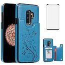 Phone Case for Samsung Galaxy S9 Plus with Tempered Glass Screen Protector Card Holder Wallet Cover Stand Flip Leather Cell Accessories Glaxay S9+ 9S 9+ S 9 9plus S9plus Cases Women Girls Men Blue