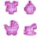 Jamboree 4 Pack of Baby Cookie Stamper Cutters for New Born Baby Shower Birthday Party, Baby Cloth Milk Bottle Stroller Horse Shape Plastic Decorative Fondant Mold Cake Decorating