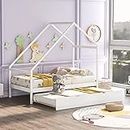 Lifeand Twin Size Wooden House Bed with Twin Size Trundle for Girls, Boys,White