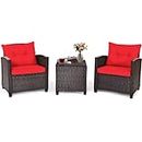 DORTALA 3 Pieces Patio Furniture Set, Outdoor Wicker Rattan Conversation Sofa Set with Cushion, Tempered Glass Top Table for Backyard Porch Garden Poolside Balcony, Red