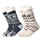 Treehouse Knit (2 Pack) Womens Thick Knit Sherpa Fleece Lined Thermal Fuzzy Slipper Socks With Grippers