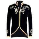 PYJTRL Mens Stylish Court Prince Black Velvet Gold Embroidery Blazer Suit Jacket (Black, US 42R)