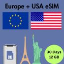 Europe + USA Prepaid Travel eSIM Card 12GB Data 5G/4G Lte 30 Days