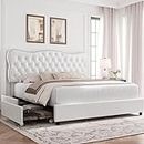 HOSTACK Bed Frame with 4 Storage Drawers, Upholstered Platform Bed Frame with Button Tufted Headboard, Heavy Duty Mattress Foundation with Wooden Slats, No Box Spring Needed (White, Queen)