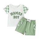 Carolilly Toddler Boy Summer Clothes Crew Neck MAMA'S BOY Fuzzy Letter Embroidery Short Sleeve T-Shirt with Elastic Waist Shorts 2Pcs Baby Boys Clothing Sets (White, 0-6 Months)