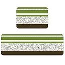 Chic D Set of 2 Vintage Striped Kitchen Rugs, Green Water Absorbent Non Slip Felt Floor Mats for Bathroom/Interior/Entrance 40x59.7cm + 40x120cm