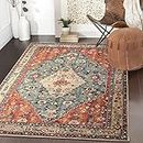 Lahome Boho Tribal Area Rug - 3x5 Distressed Entry Throw Rug Bohemian Faux Wool Indoor Accent Rug Non-Slip Washable Low-Pile Carpet for Entrance Living Room Bedroom Dining Table