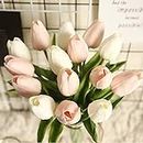 hanlongyu Tulips Artificial Flowers for Table Decor, Fake Artificial Bouquets, Realistic Tulips Flowers Decor for Wedding Party Office Kitchen Home Decor, 10 White & 10 Light Pink