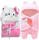 First Kick Baby Blankets New Born Combo Pack of Hooded Wrapper Sleeping Bag and Baby Bath Towel for 0-6 Months Baby Boys and Baby Girls,Pink, Pack of 2