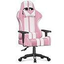bigzzia Gaming Stuhl Computerstuhl Ergonomisch - Gamer Stühle mit Lendenkissen + Kopfstütze Höhenverstellbar Gaming Chair für Mädchen Junge Erwachsene, Rosa-Weiß