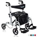 Health Line Massage Products 2 in 1 Rollator-Transport Chair w/Paded Seatrest, Reversible Backrest and Detachable Footrests, Silver White