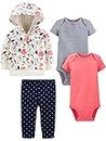 Simple Joys by Carter's Baby Girls' 4-Piece Jacket, Pant, and Bodysuit Set, Coral Pink/Ecru Floral/Navy Dots/Stripe, 3-6 Months