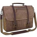 NUBILY Mens Laptop Messenger Bag Waterproof Computer Leather Satchel Briefcases Vintage Canvas Shoulder Bag Large Work Bag 15.6 inch (Brown)