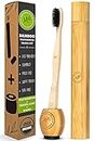 Bamboo Charcoal Toothbrush with Travel Case & Holder Kit - Extra Soft Natural Bristles for Sensitive Teeth | Eco Friendly Portable Wooden Travel Set | Organic Single Wood Toothbrushes Stand & Cover