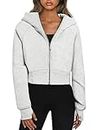 Trendy Queen Womens Zip Up Hoodies Cropped Sweatshirts Fall Outfits Casual Hooded Pullover Sweaters Tops Winter Clothes 2024, Grey, Medium