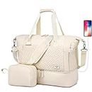 Travel Bags for Women, Weekender Bag with Shoe Compartment, Gym Tote Bags with USB Charging Port,Overnight Duffle Bag with Trolley Sleeve, Beige