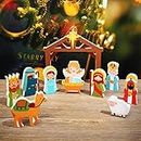 11 Pcs Christmas Wooden Scene Set Kids Mini People Nativity Set Jesus Stable Wood Playset Christmas Story Decoration Xmas Holiday Manger for Indoor Outdoor Home Display Tabletop