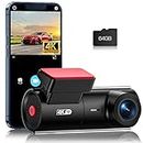 WiFi 4K Dash Cam for Cars with Front Camera, APP Control, Free 64GB SD Card, 170° Wide-Angle, Voice Broadcast, Night Vision, Loop Recording, G-Sensor, 24H Parking Monitor, Supports up to 128GB