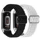 TOYOUTHS 2 Packs Compatible with Fitbit Charge 5/Charge 6 Bands for Women Men Adjustable Elastic Woven Nylon Strap Solo Loop Sport Bracelet Wristband for Charge 6/Charge 5 Watch, Black+Sea Shell