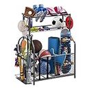 Garage Sports Equipment Storage Organizer with Baskets and Hooks - Easy to Assemble - Sports Ball Gear Rack Holds Basketballs, Baseball Bats, Footballs, Tennis Rackets and More (Black Rigid)