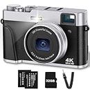 4K Digital Camera 48MP Camera for Photograhy with Flash and Viewfinder, Digital Point and Shoot Camera Portable Vlogging Camera with 32G Memory Card, Lanyard