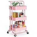 3 Tier Mesh Utility Cart, Rolling Metal Organization Cart with Handle and Lockable Wheels, Multifunctional Storage Shelves for Kitchen Living Room Office by Pipishell Pink