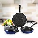 Cello Regal 3 Piece Cookware Set, Induction and Gas Compatible, Metallic Blue | Dosa Tawa, Fry Pan and Kadhai Set | Cookware Set for Kitchen