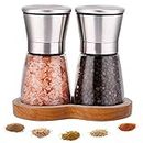 LessMo Salt and Pepper Mills with Beech Stand (2 pcs) - Premium Set of Salt and Peppercorn Grinders with Adjustable Ceramic Coarseness - Brushed Stainless Steel and Glass Body Shakers ‚ (Brown)