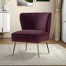 HULALA HOME Velvet Accent Chair for Bedroom, Upholstered Modern Armless Chaise with Gold Metal Legs for Living Room, Padded Cushion Slipper Chair Side Chair, Purple