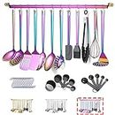 Rainbow Cooking Utensils Set, Kyraton Stainless Steel 37 Pieces Kitchen Utensils Set with Titanium Colorful Plating, Kitchen Tool Gadgets Set with Utensil Rack Heat Resistant Dishwasher Safe