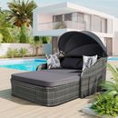 79.9" Outdoor Pool Sunbed with Adjustable Canopy Double Lounge PE Rattan Daybed