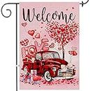 Valentines Day Garden Flag, Happy Valentine's Day Gnomes by Bike Burlap Yard Flags 12x18 Double Sided, Valentine Eiffel Tower Love Tree Rose Flowers Vertical Lawn Signs for Home Outdoor Decorations
