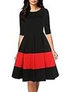 oxiuly Women's Vintage Half Sleeve O-Neck Contrast Casual Pockets Party Swing Dress OX253 (Black, L)