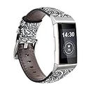 Leather Bands Compatible for Fitbit Charge 4/ Charge 3/ Charge 3 SE Fitness Tracker, Genuine Leather Wide Band Replacement Strap Floral Print Wristband Accessories for Men Women- Black White Paisley