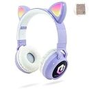 PowerLocus Headphones for Kids, Wireless Bluetooth Headphones Over-Ear with Cat Ears LED Lights, Foldable with Microphone,Volume Limited,Wireless and Wired Headphone for Phones, Tablets, PC, Laptops