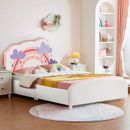 Single Bed Frames for Kids, Wood Upholstered Twin Bed Platform with Slat Support
